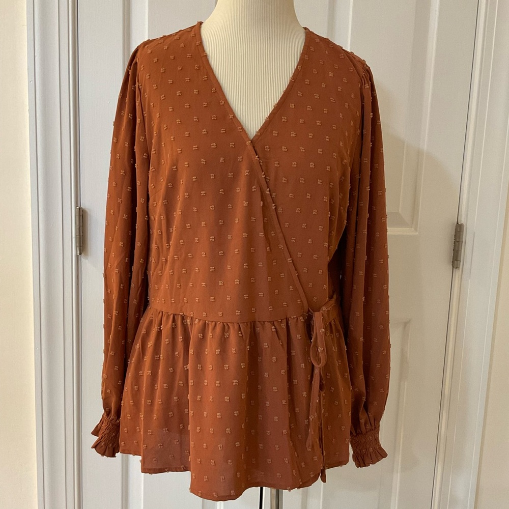 NWT Ott Long Sleeve Suisse Dot Crossover Blouse